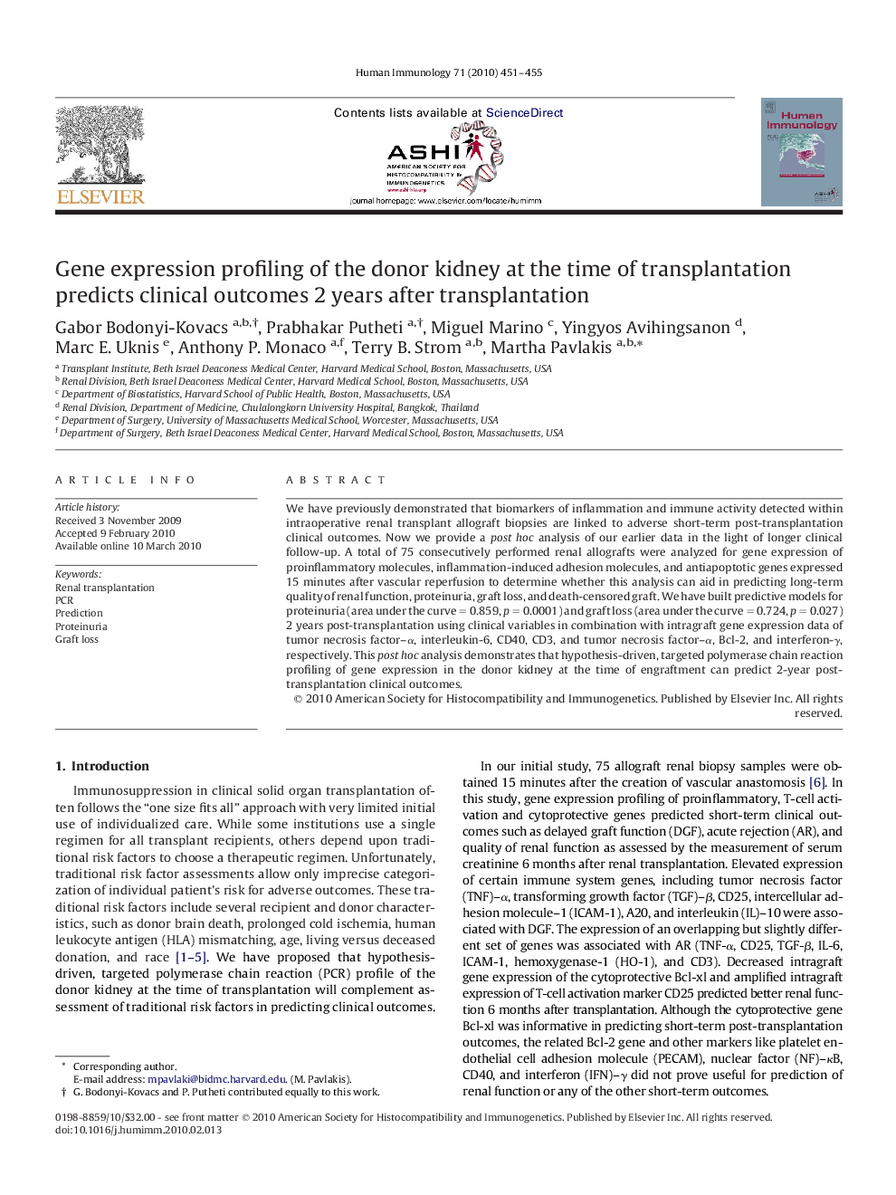 Gene expression profiling of the donor kidney at the time of transplantation predicts clinical outcomes 2 years after transplantation