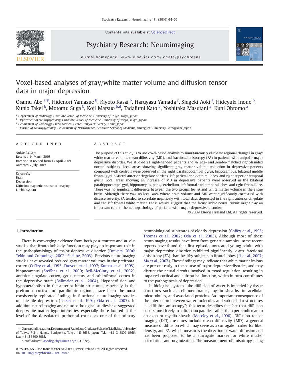 Voxel-based analyses of gray/white matter volume and diffusion tensor data in major depression