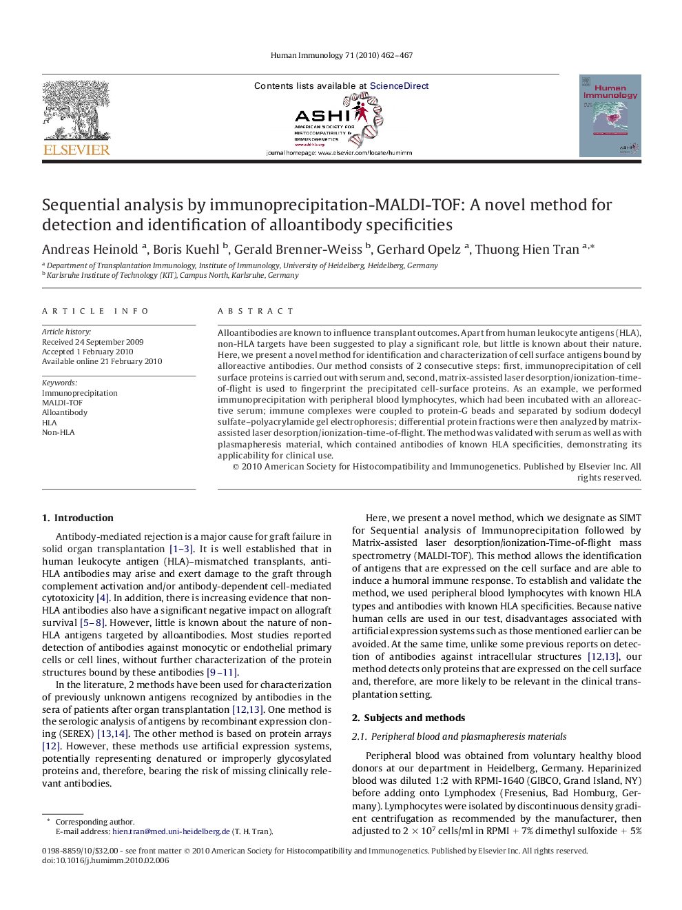 Sequential analysis by immunoprecipitation-MALDI-TOF: A novel method for detection and identification of alloantibody specificities