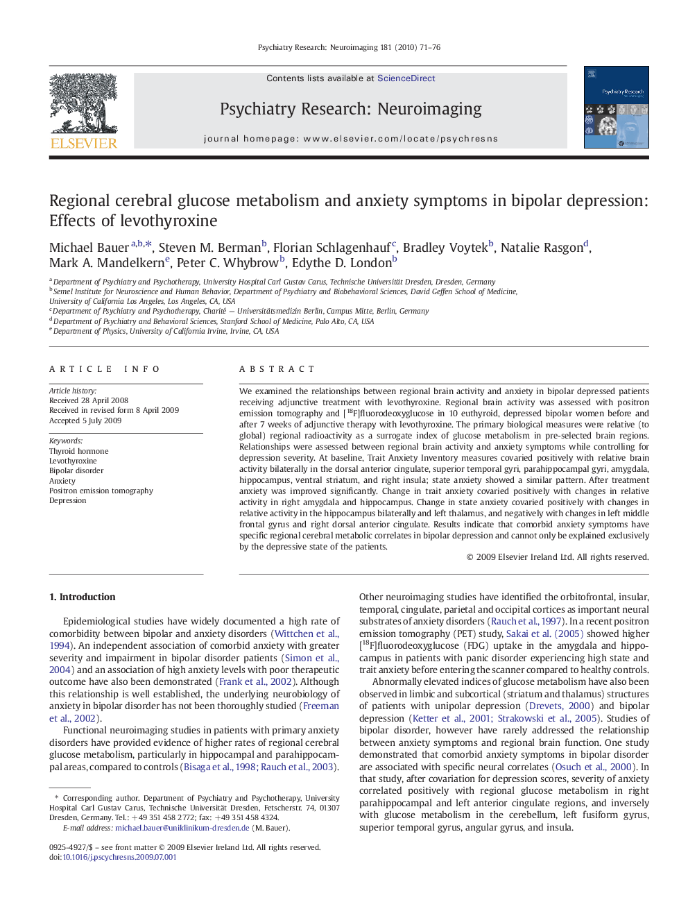 Regional cerebral glucose metabolism and anxiety symptoms in bipolar depression: Effects of levothyroxine