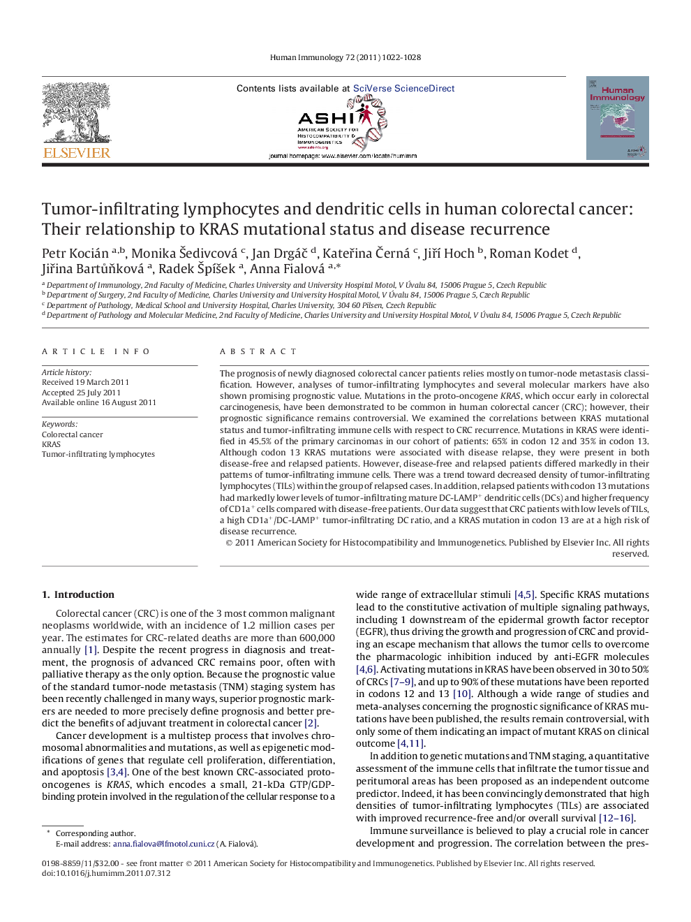 Tumor-infiltrating lymphocytes and dendritic cells in human colorectal cancer: Their relationship to KRAS mutational status and disease recurrence