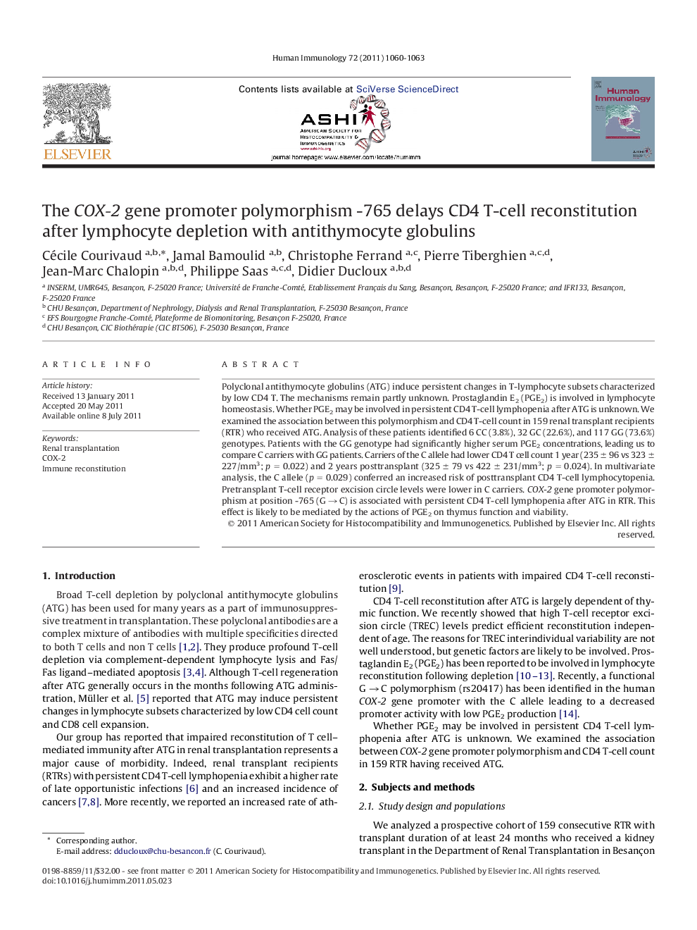 The COX-2 gene promoter polymorphism -765 delays CD4 T-cell reconstitution after lymphocyte depletion with antithymocyte globulins