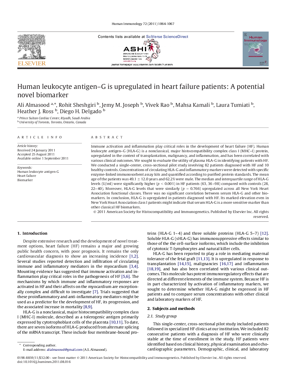 Human leukocyte antigen-G is upregulated in heart failure patients: A potential novel biomarker