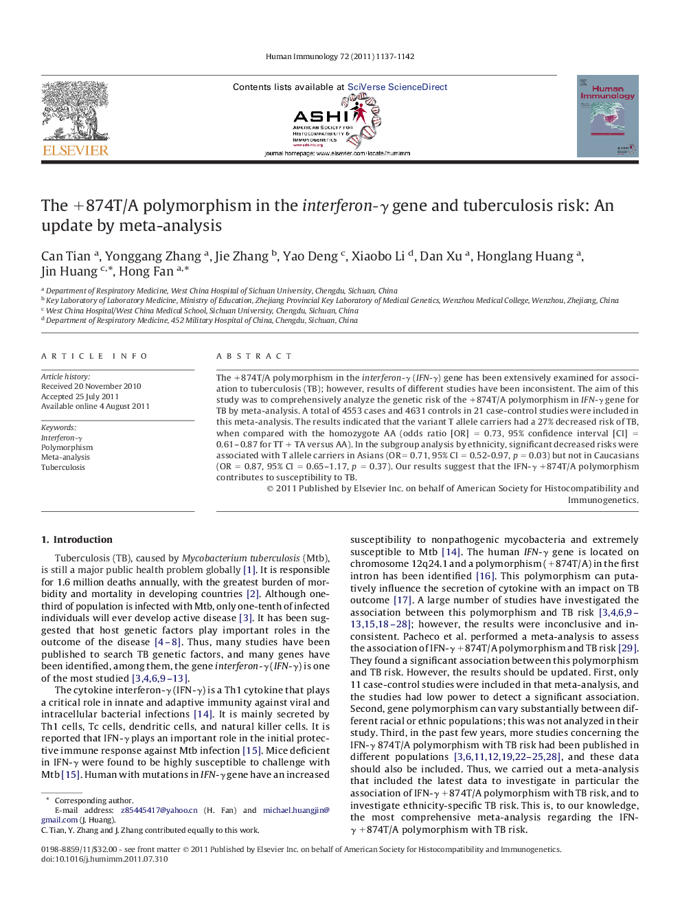 The +874T/A polymorphism in the interferon-γ gene and tuberculosis risk: An update by meta-analysis 