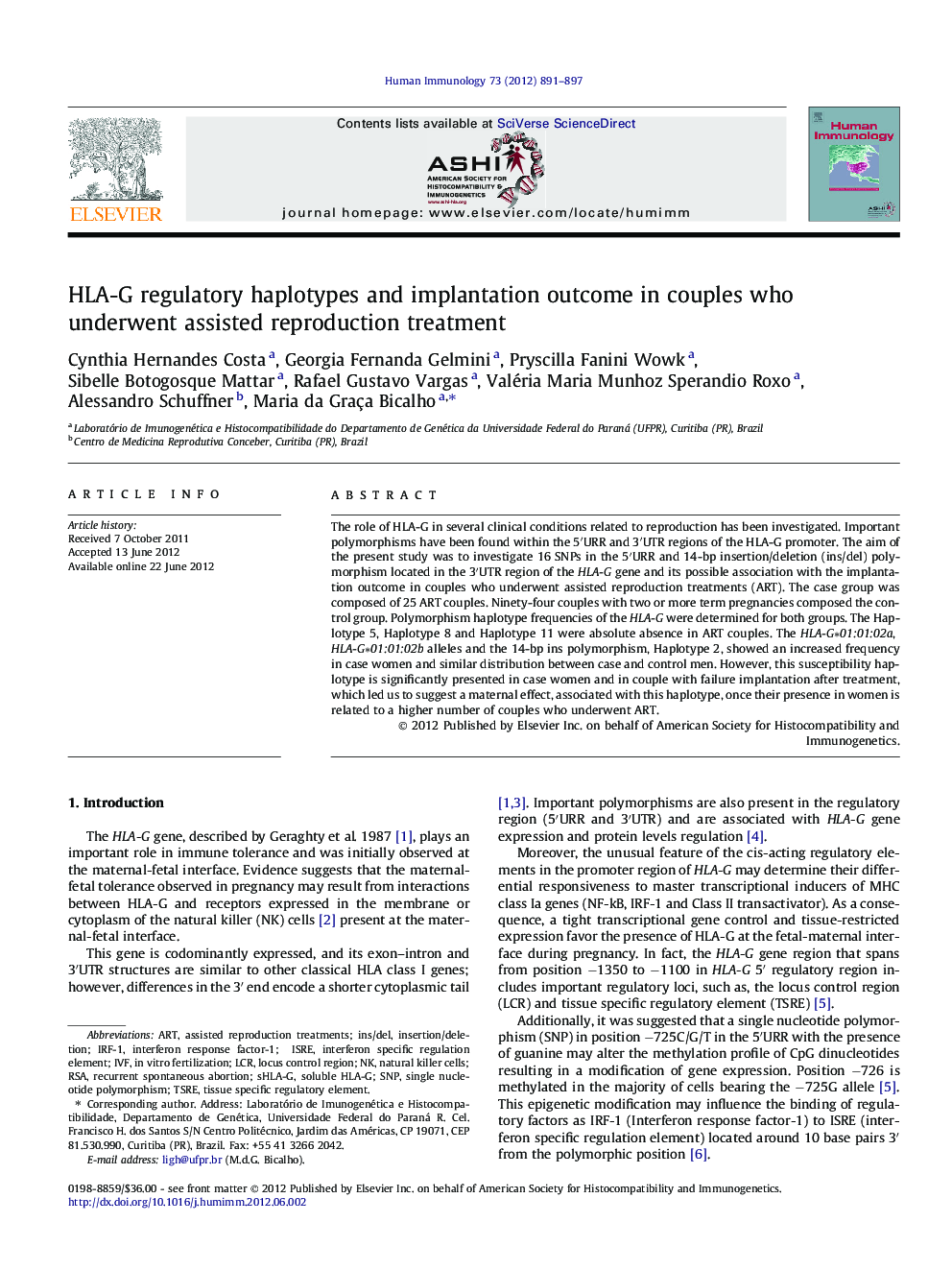 HLA-G regulatory haplotypes and implantation outcome in couples who underwent assisted reproduction treatment