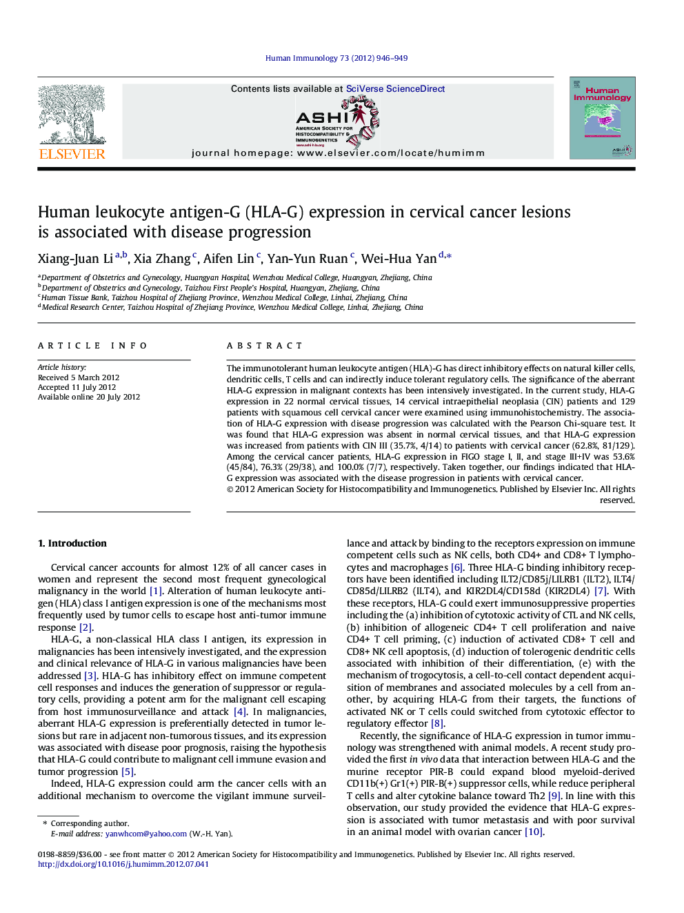 Human leukocyte antigen-G (HLA-G) expression in cervical cancer lesions is associated with disease progression