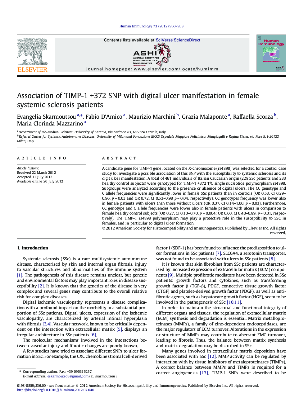Association of TIMP-1 +372 SNP with digital ulcer manifestation in female systemic sclerosis patients