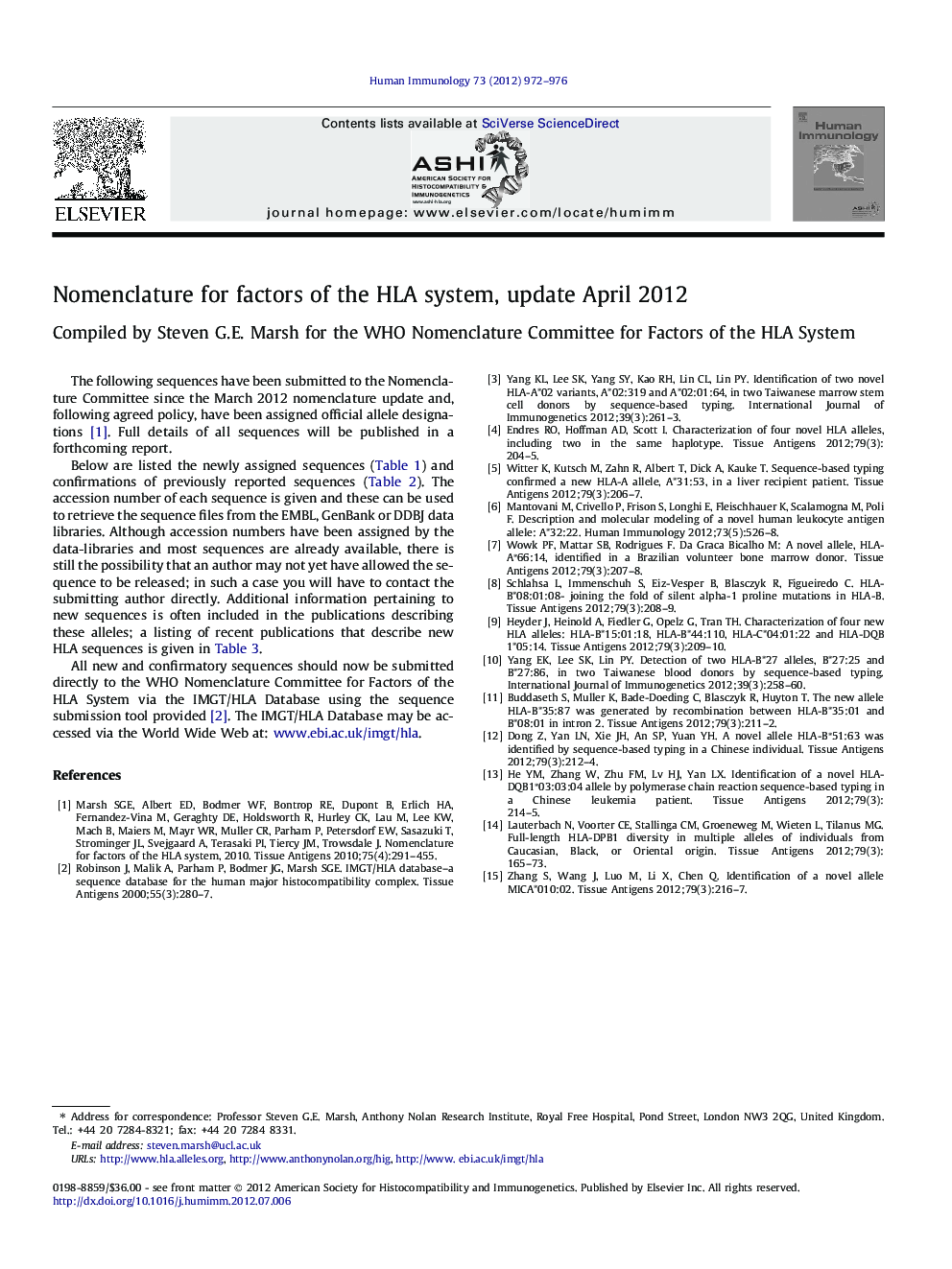 Nomenclature for factors of the HLA system, update April 2012