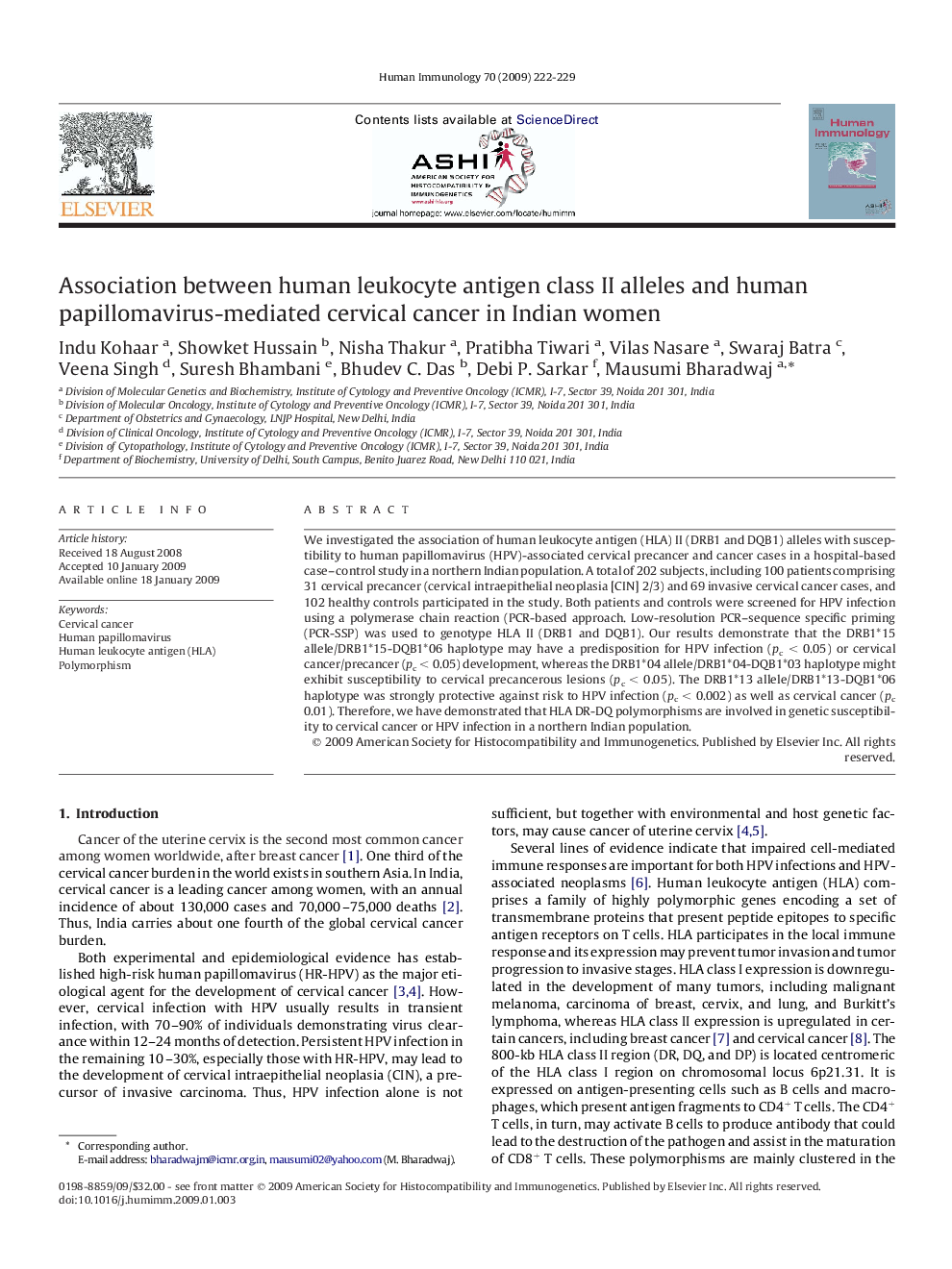 Association between human leukocyte antigen class II alleles and human papillomavirus-mediated cervical cancer in Indian women