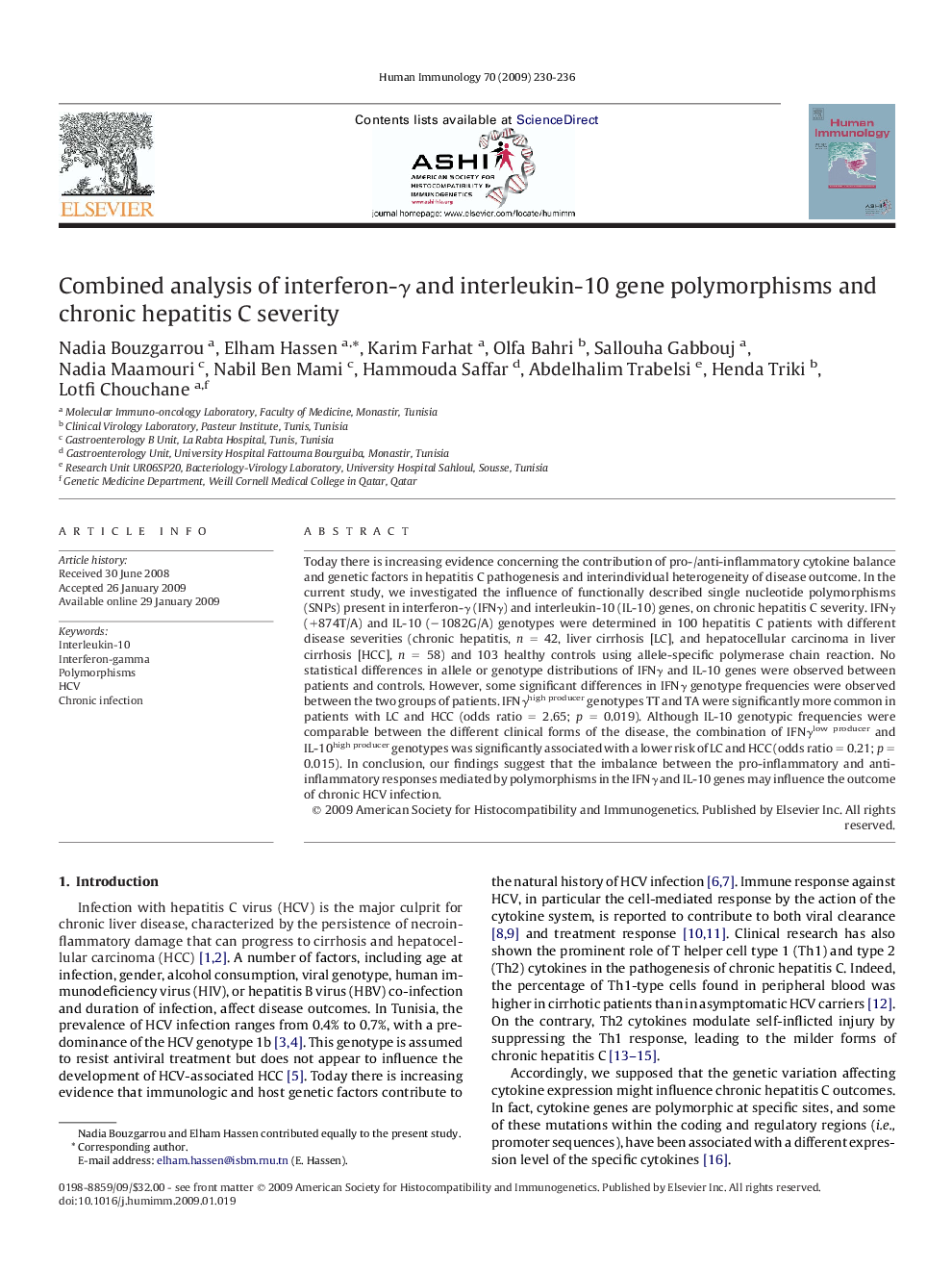 Combined analysis of interferon-γ and interleukin-10 gene polymorphisms and chronic hepatitis C severity 