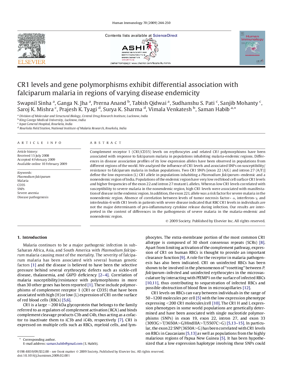 CR1 levels and gene polymorphisms exhibit differential association with falciparum malaria in regions of varying disease endemicity