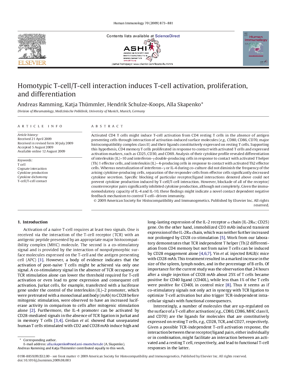 Homotypic T-cell/T-cell interaction induces T-cell activation, proliferation, and differentiation 