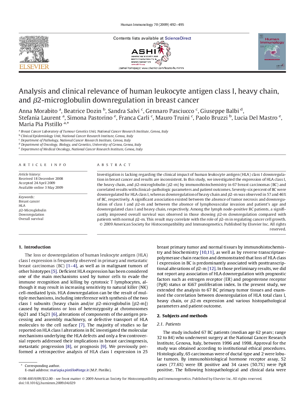 Analysis and clinical relevance of human leukocyte antigen class I, heavy chain, and β2-microglobulin downregulation in breast cancer