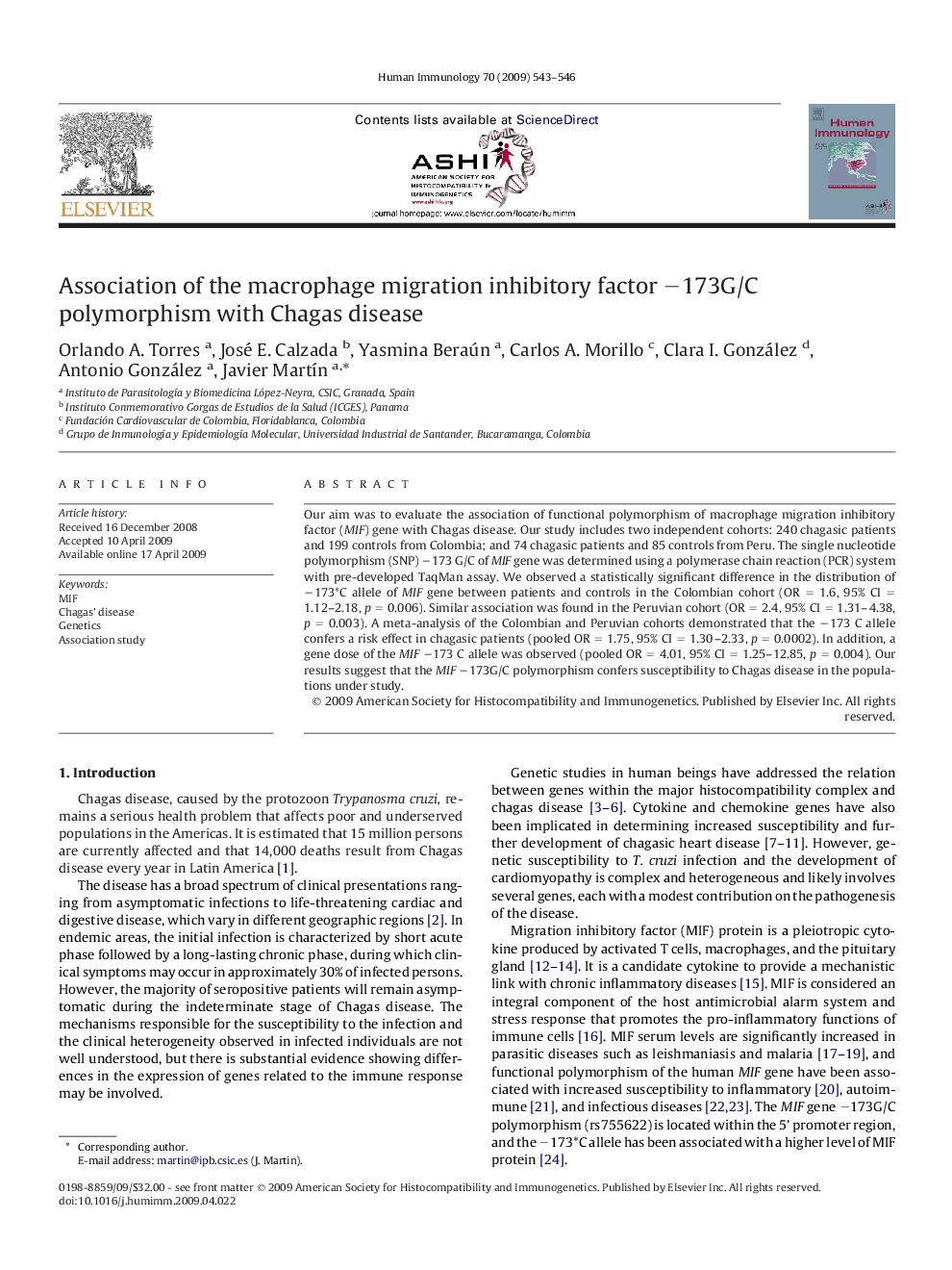 Association of the macrophage migration inhibitory factor −173G/C polymorphism with Chagas disease