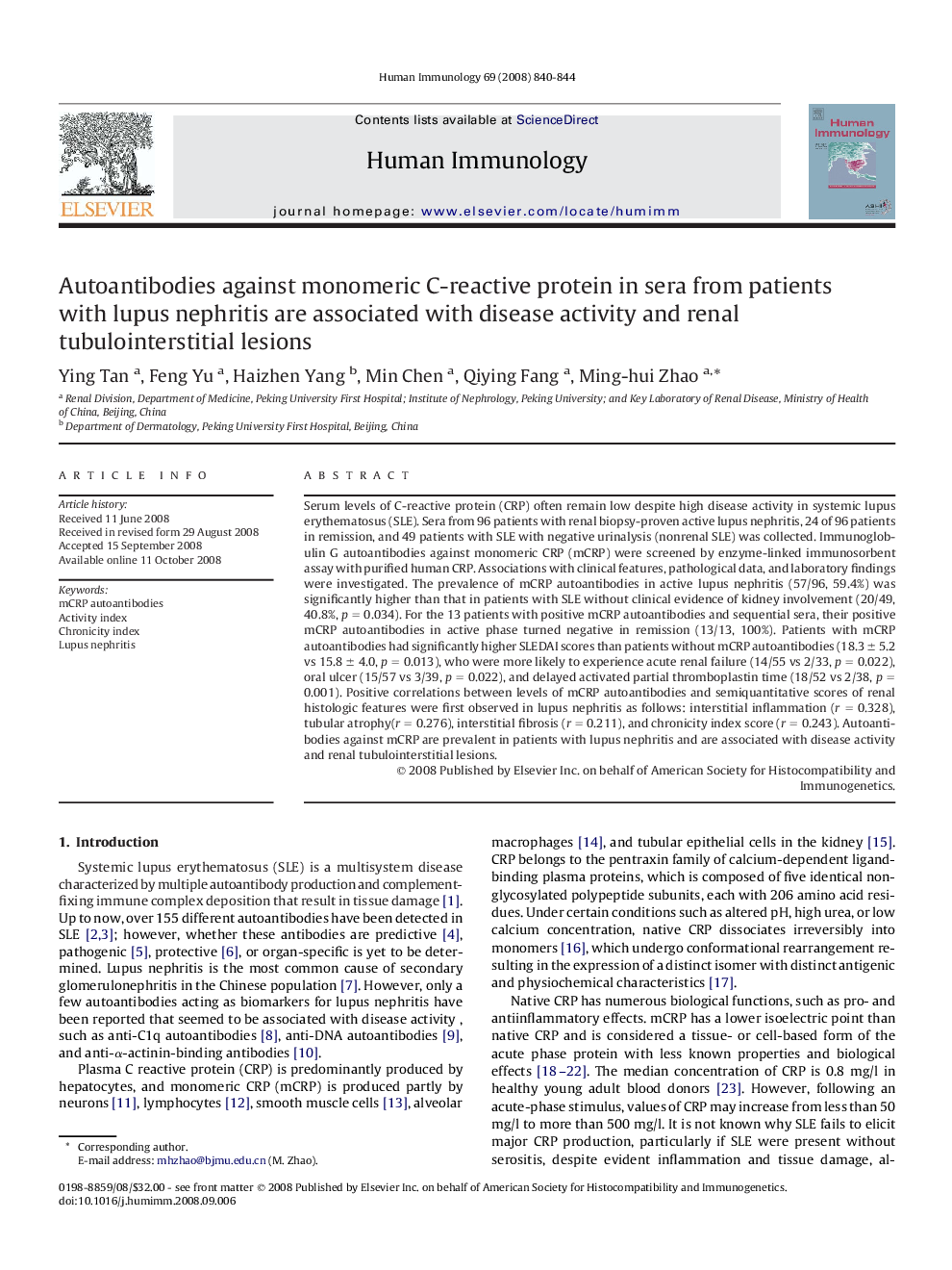 Autoantibodies against monomeric C-reactive protein in sera from patients with lupus nephritis are associated with disease activity and renal tubulointerstitial lesions