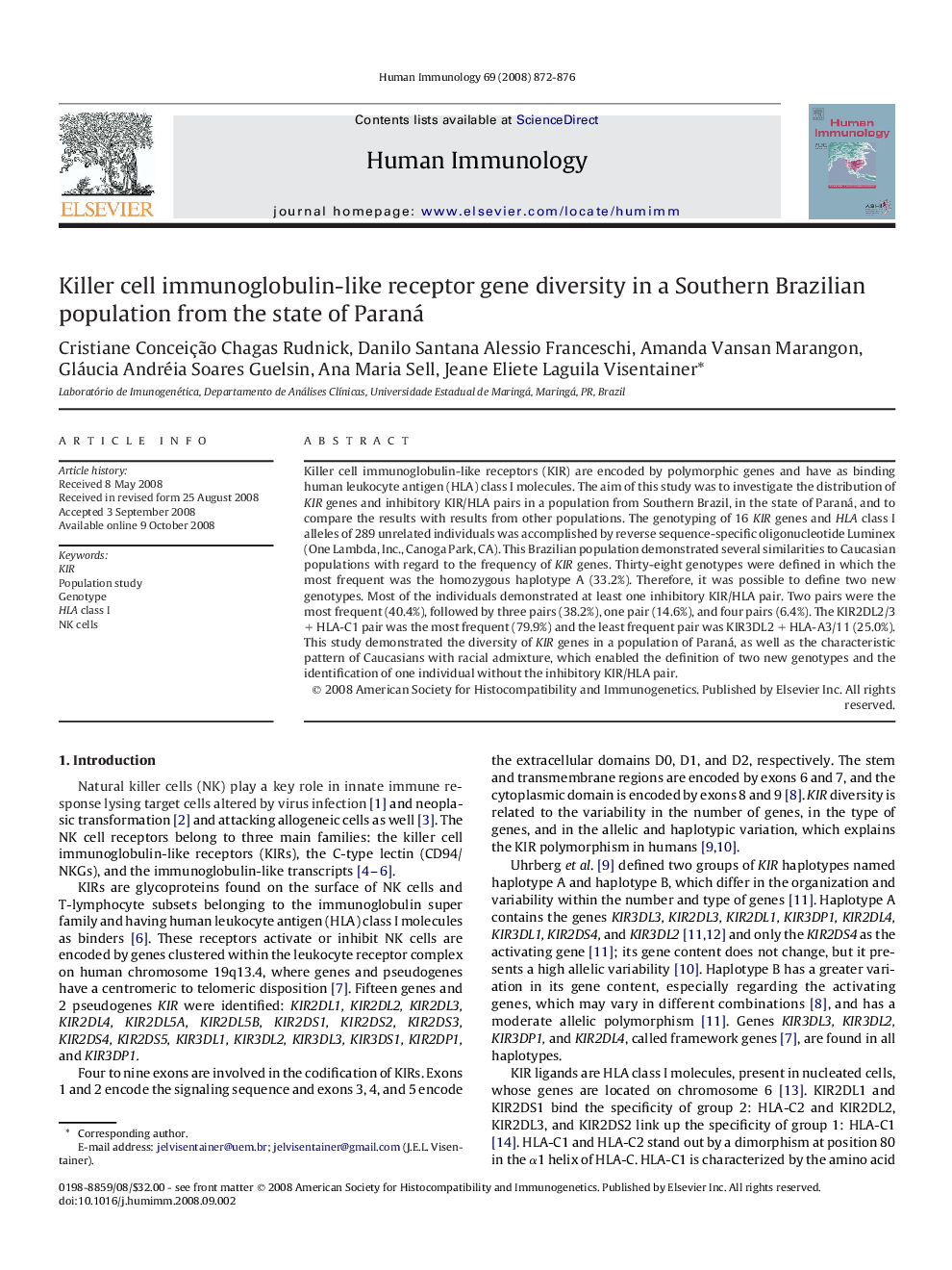 Killer cell immunoglobulin-like receptor gene diversity in a Southern Brazilian population from the state of Paraná