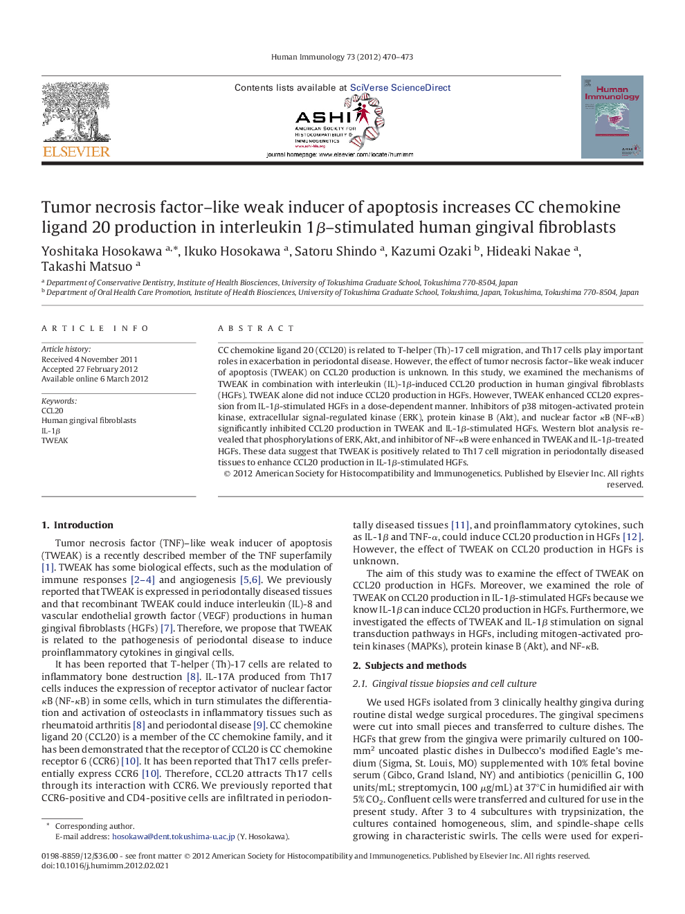 Tumor necrosis factor–like weak inducer of apoptosis increases CC chemokine ligand 20 production in interleukin 1β–stimulated human gingival fibroblasts
