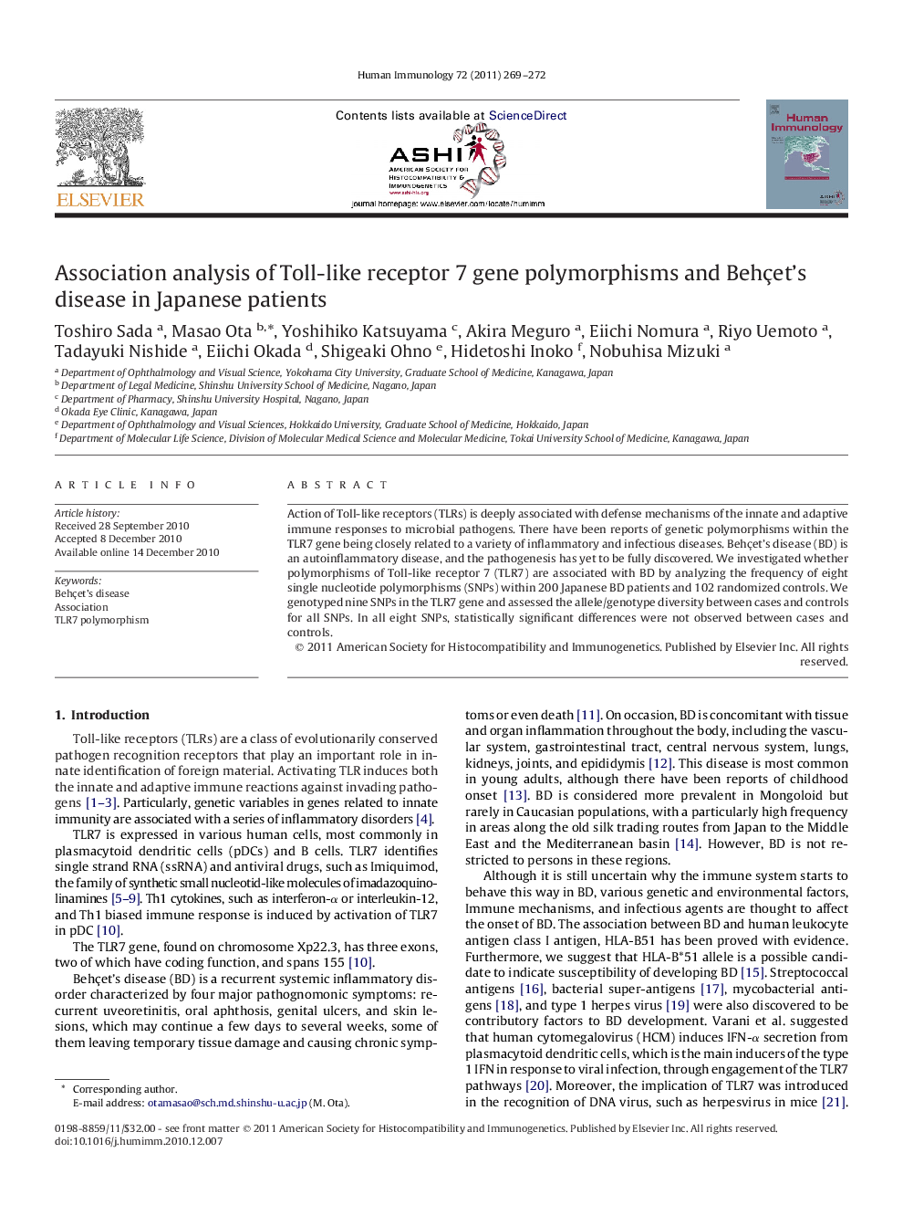 عکس صفحه اول مقاله: Association analysis of Toll-like receptor 7 gene polymorphisms and Behçet's disease in Japanese patients Association analysis of Toll-like receptor 7 gene polymorphisms and Behçet's disease in Japanese patients