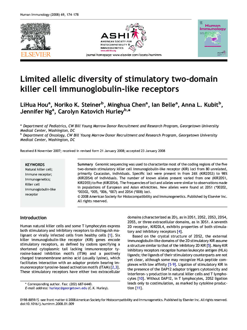 Limited allelic diversity of stimulatory two-domain killer cell immunoglobulin-like receptors