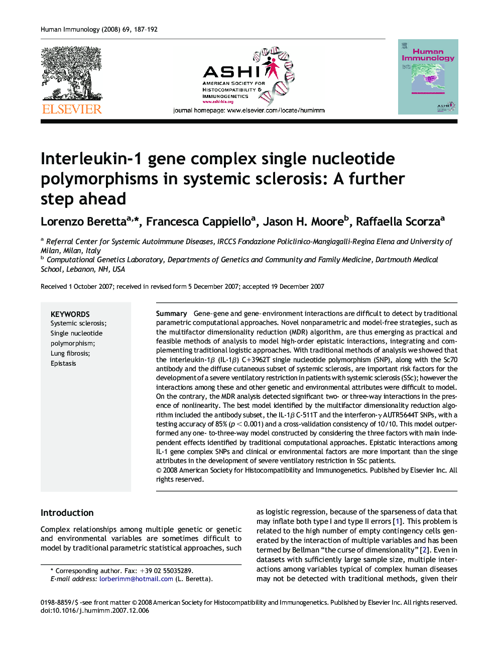 Interleukin-1 gene complex single nucleotide polymorphisms in systemic sclerosis: A further step ahead