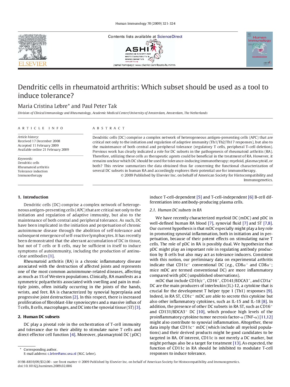 Dendritic cells in rheumatoid arthritis: Which subset should be used as a tool to induce tolerance?