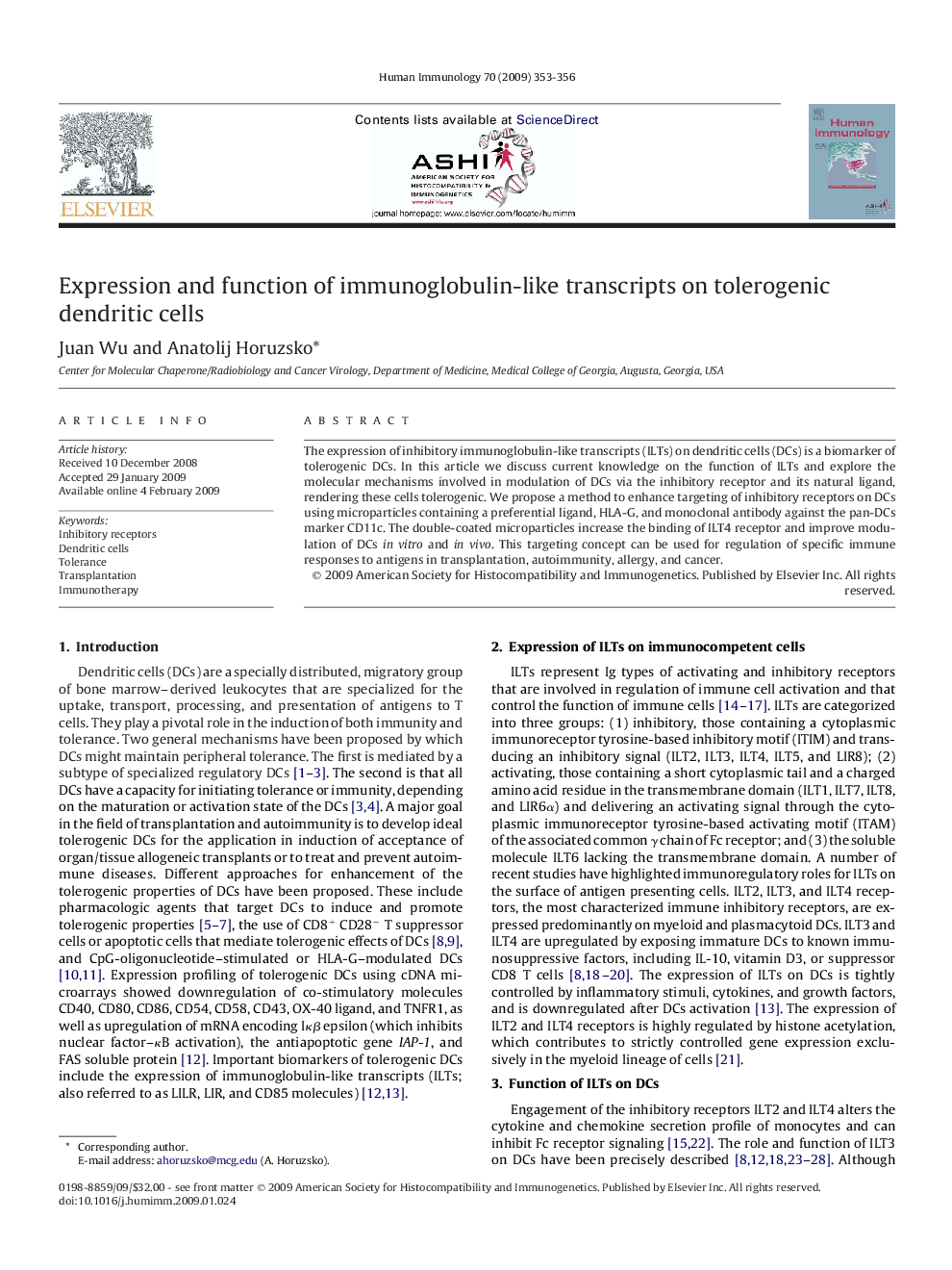 Expression and function of immunoglobulin-like transcripts on tolerogenic dendritic cells