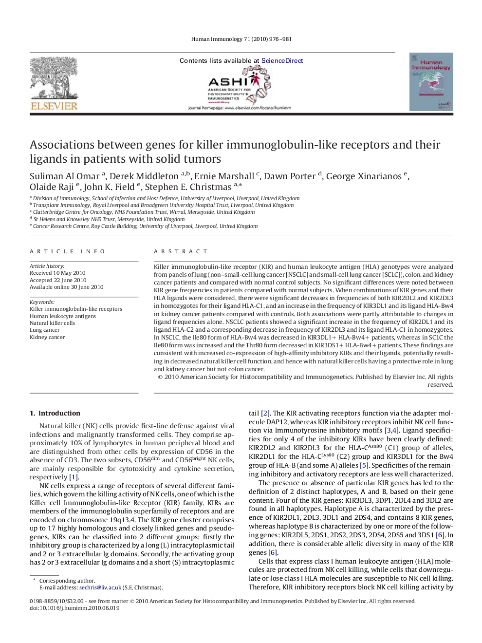 Associations between genes for killer immunoglobulin-like receptors and their ligands in patients with solid tumors