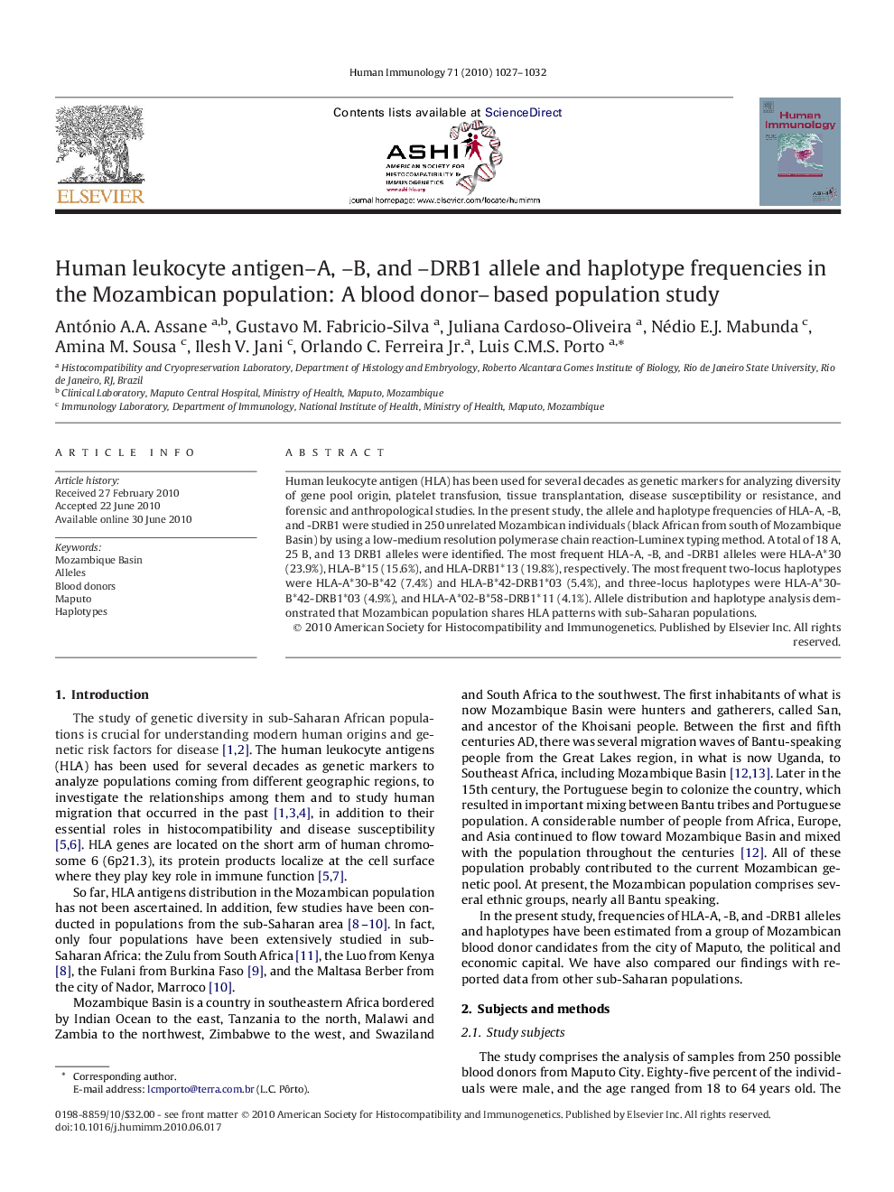 Human leukocyte antigen–A, –B, and –DRB1 allele and haplotype frequencies in the Mozambican population: A blood donor–based population study