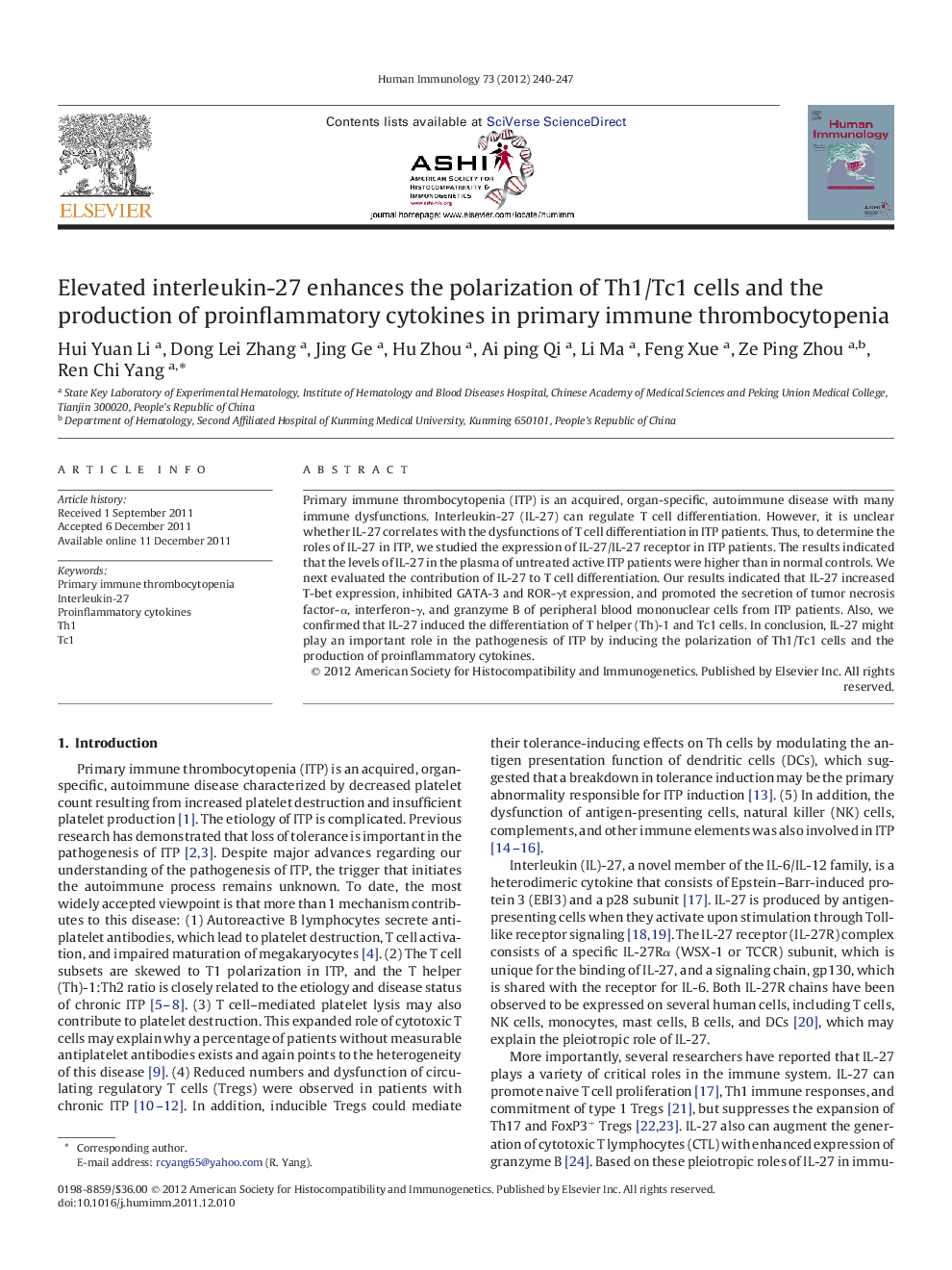 Elevated interleukin-27 enhances the polarization of Th1/Tc1 cells and the production of proinflammatory cytokines in primary immune thrombocytopenia