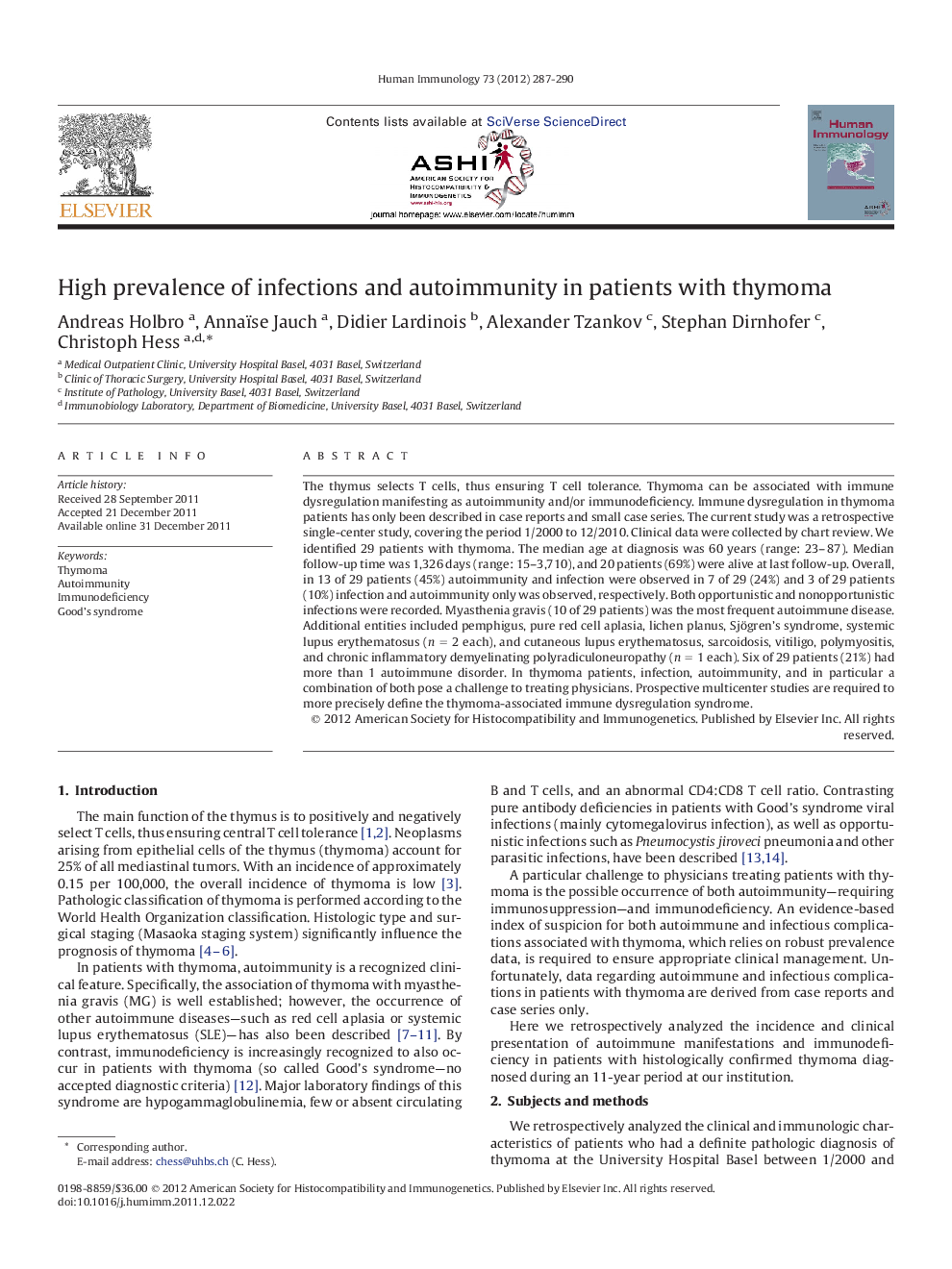 High prevalence of infections and autoimmunity in patients with thymoma