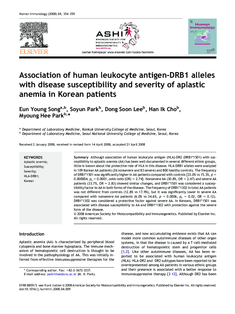 Association of human leukocyte antigen-DRB1 alleles with disease susceptibility and severity of aplastic anemia in Korean patients