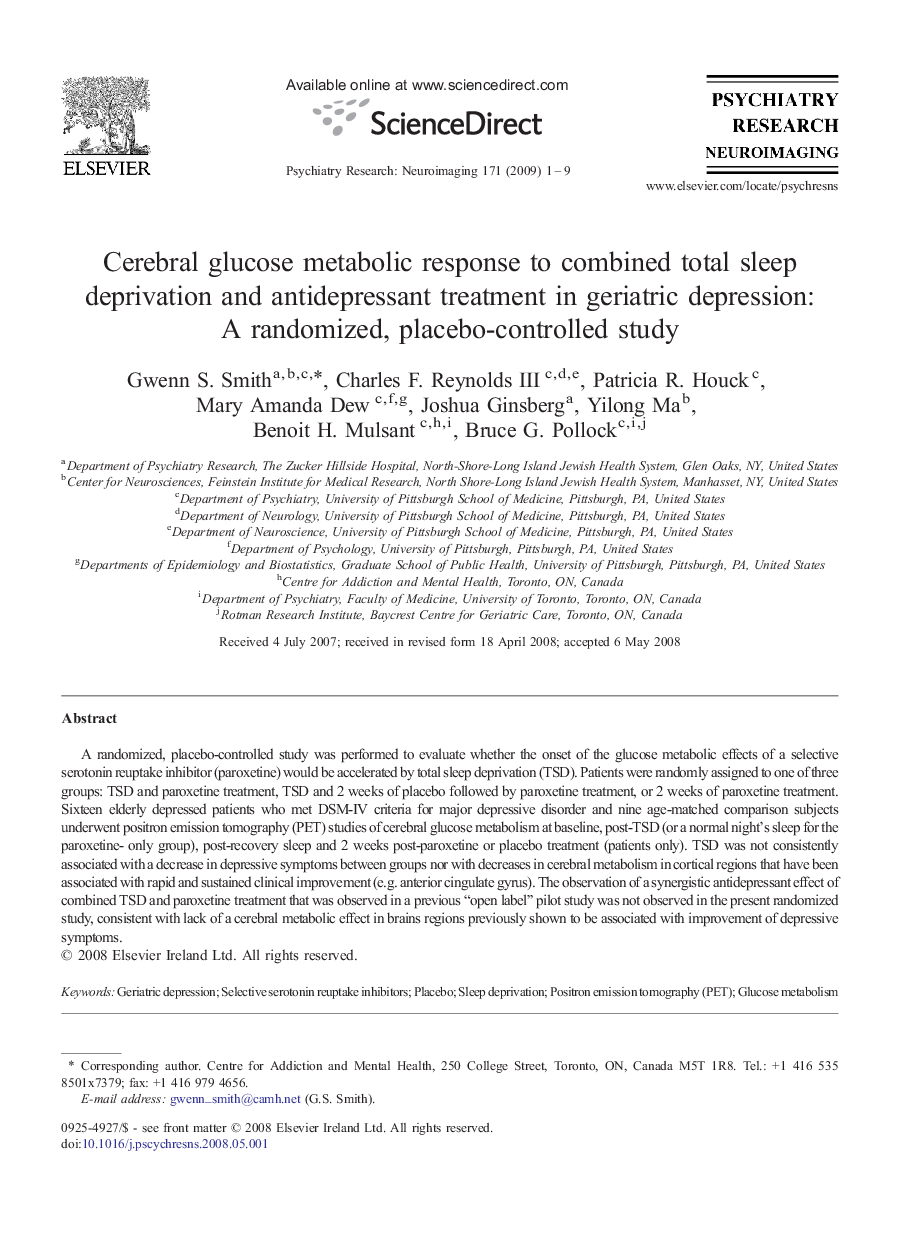 Cerebral glucose metabolic response to combined total sleep deprivation and antidepressant treatment in geriatric depression: A randomized, placebo-controlled study