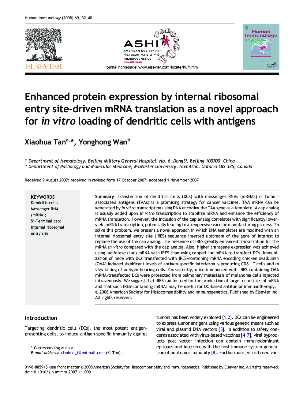 Enhanced protein expression by internal ribosomal entry site-driven mRNA translation as a novel approach for in vitro loading of dendritic cells with antigens