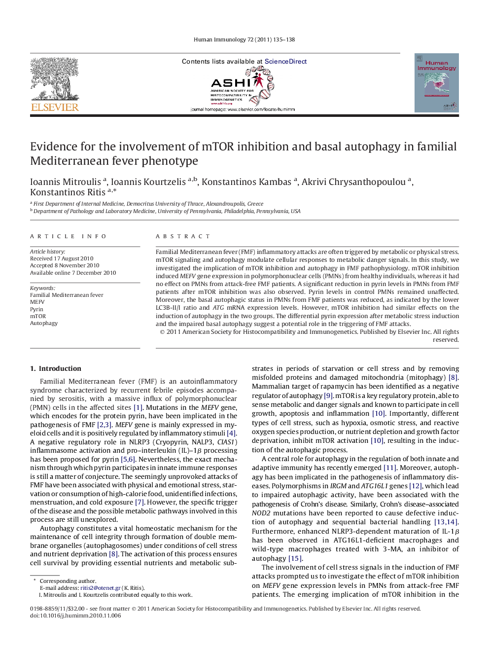 Evidence for the involvement of mTOR inhibition and basal autophagy in familial Mediterranean fever phenotype 