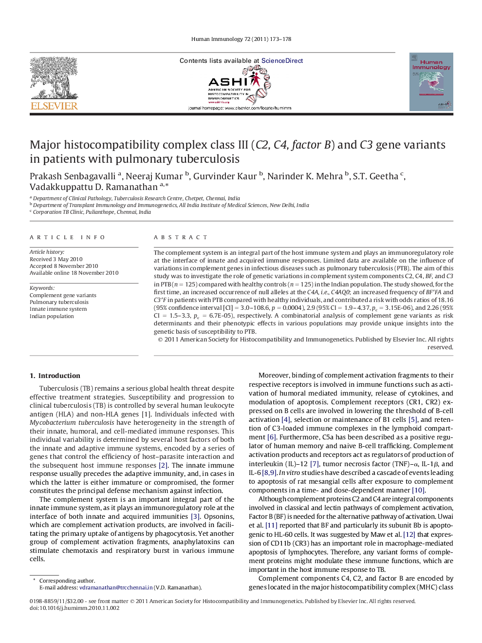 Major histocompatibility complex class III (C2, C4, factor B) and C3 gene variants in patients with pulmonary tuberculosis