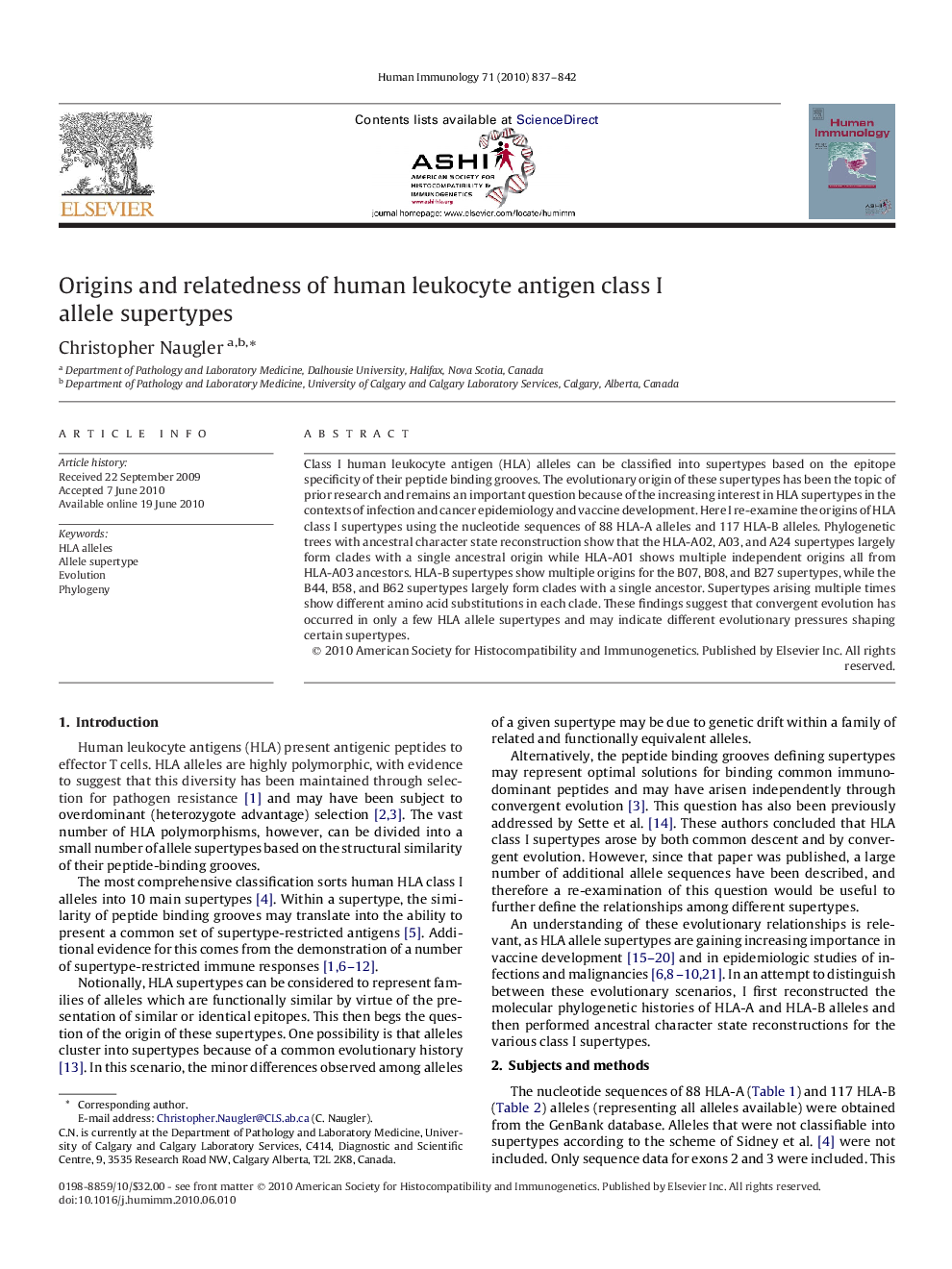 Origins and relatedness of human leukocyte antigen class I allele supertypes 