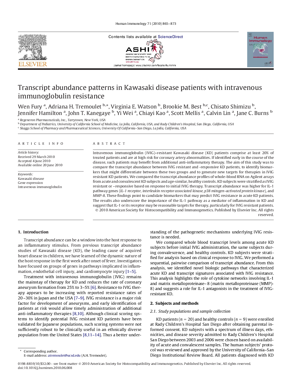 Transcript abundance patterns in Kawasaki disease patients with intravenous immunoglobulin resistance