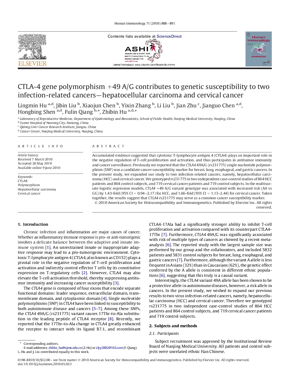 CTLA-4 gene polymorphism +49 A/G contributes to genetic susceptibility to two infection-related cancers—hepatocellular carcinoma and cervical cancer 