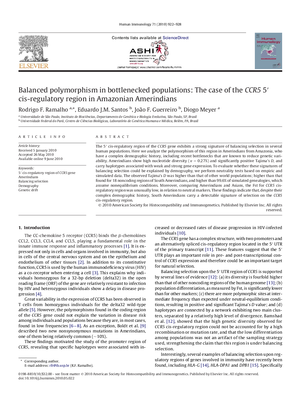 Balanced polymorphism in bottlenecked populations: The case of the CCR5 5′ cis-regulatory region in Amazonian Amerindians