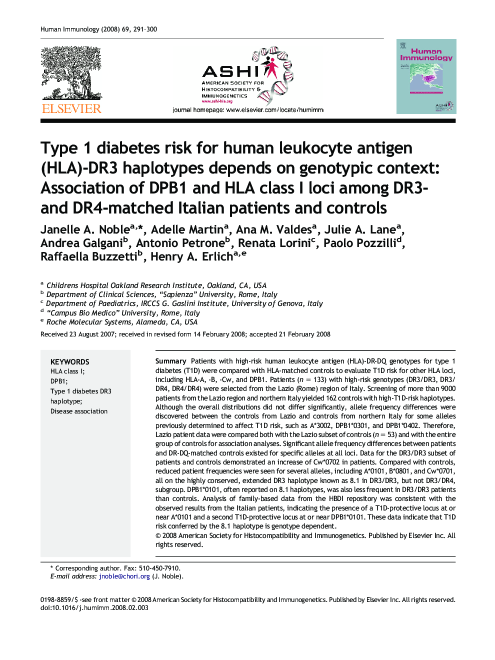 Type 1 diabetes risk for human leukocyte antigen (HLA)-DR3 haplotypes depends on genotypic context: Association of DPB1 and HLA class I loci among DR3- and DR4-matched Italian patients and controls