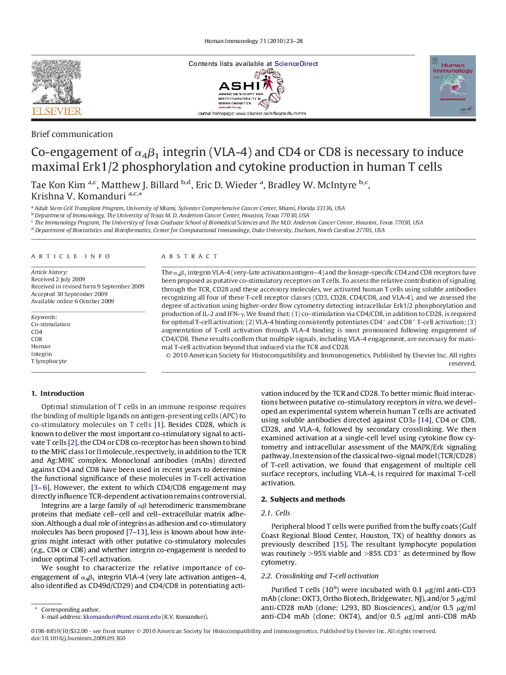 Co-engagement of α4β1 integrin (VLA-4) and CD4 or CD8 is necessary to induce maximal Erk1/2 phosphorylation and cytokine production in human T cells