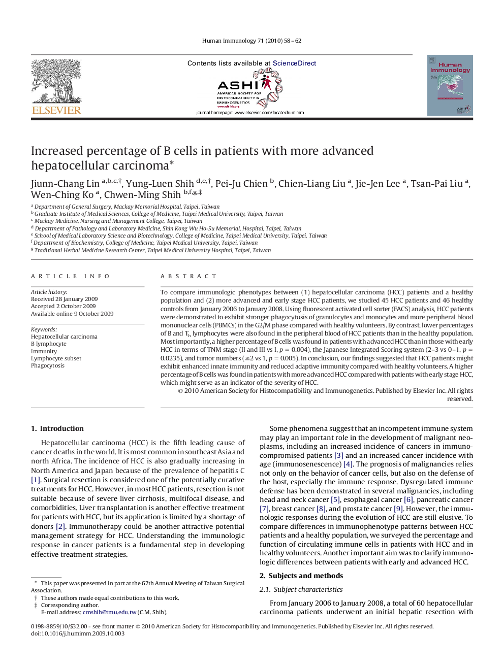 Increased percentage of B cells in patients with more advanced hepatocellular carcinoma⁎