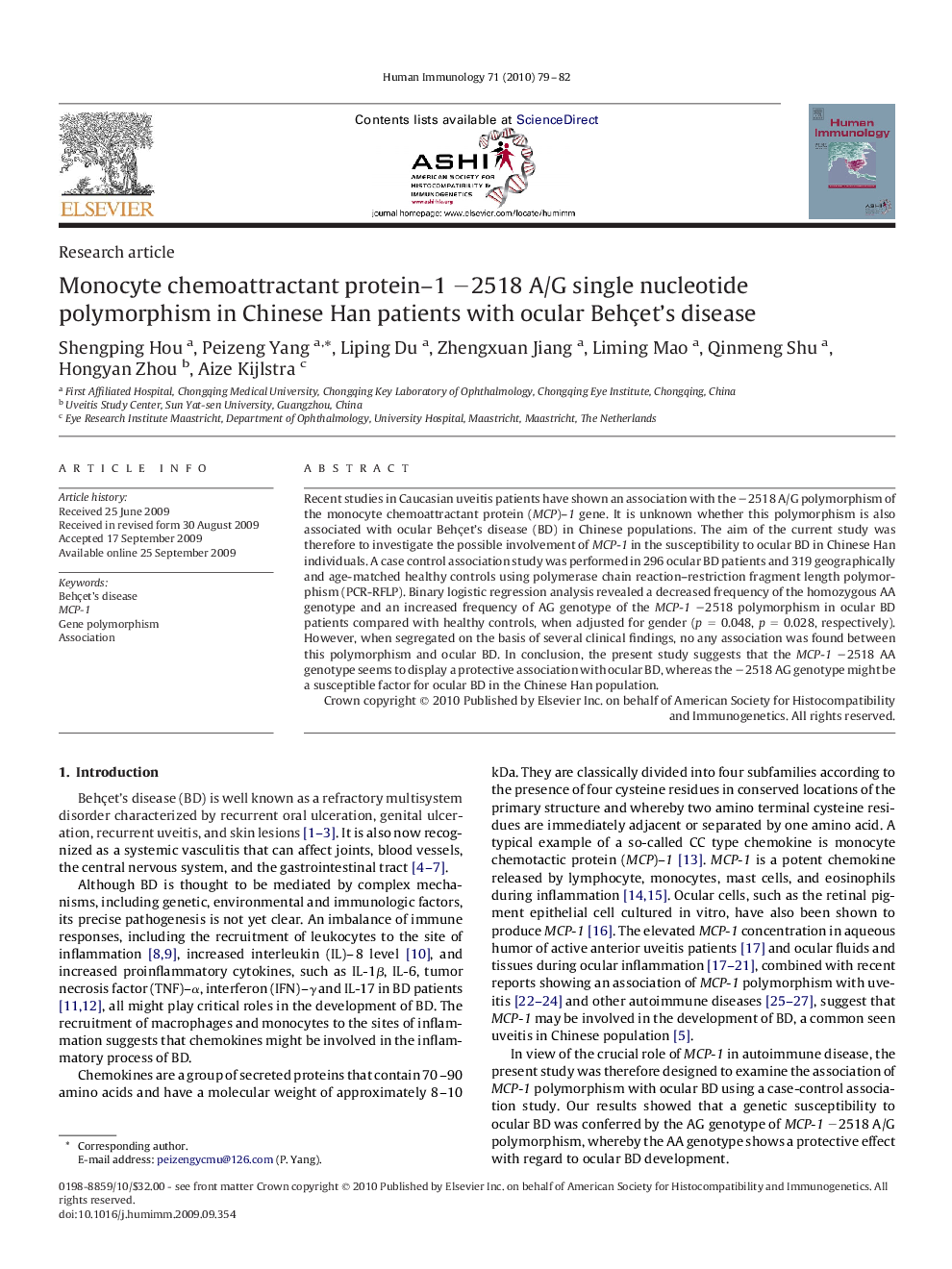 Monocyte chemoattractant protein–1 −2518 A/G single nucleotide polymorphism in Chinese Han patients with ocular Behçet's disease