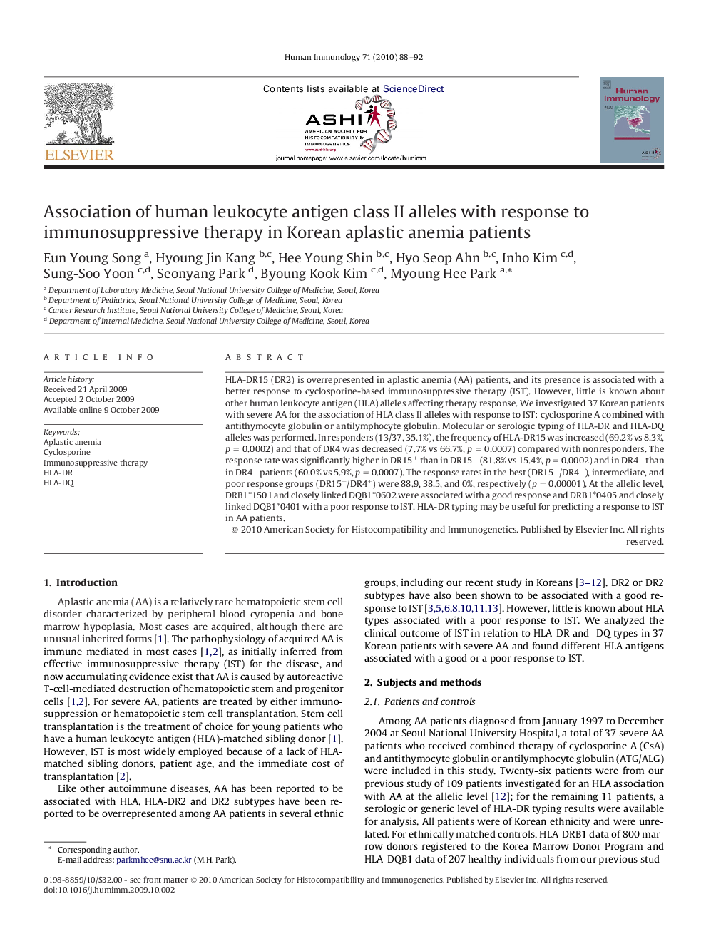 Association of human leukocyte antigen class II alleles with response to immunosuppressive therapy in Korean aplastic anemia patients