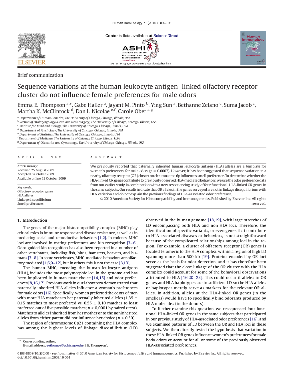 Sequence variations at the human leukocyte antigen-linked olfactory receptor cluster do not influence female preferences for male odors