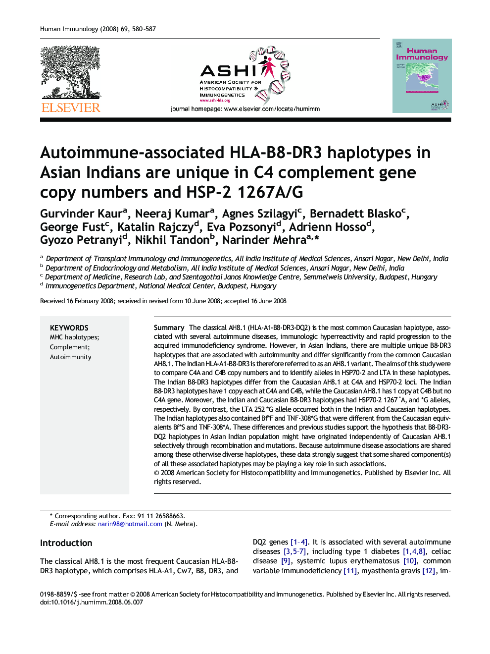 Autoimmune-associated HLA-B8-DR3 haplotypes in Asian Indians are unique in C4 complement gene copy numbers and HSP-2 1267A/G