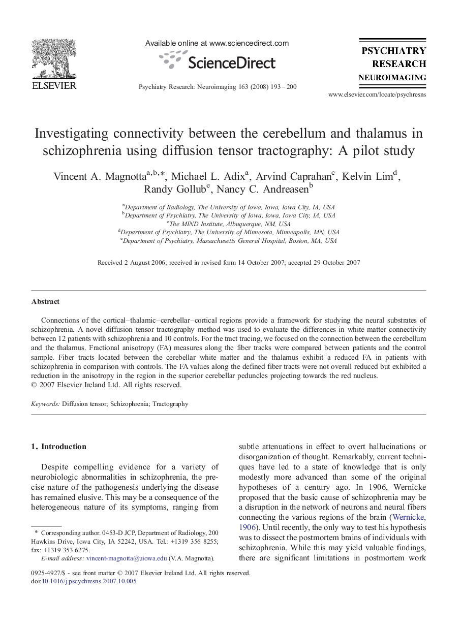 Investigating connectivity between the cerebellum and thalamus in schizophrenia using diffusion tensor tractography: A pilot study