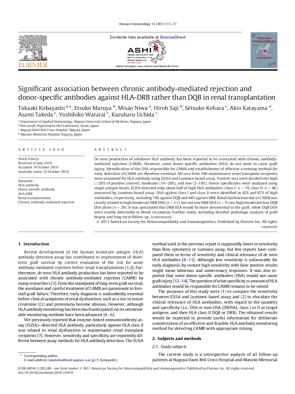 Significant association between chronic antibody-mediated rejection and donor-specific antibodies against HLA-DRB rather than DQB in renal transplantation