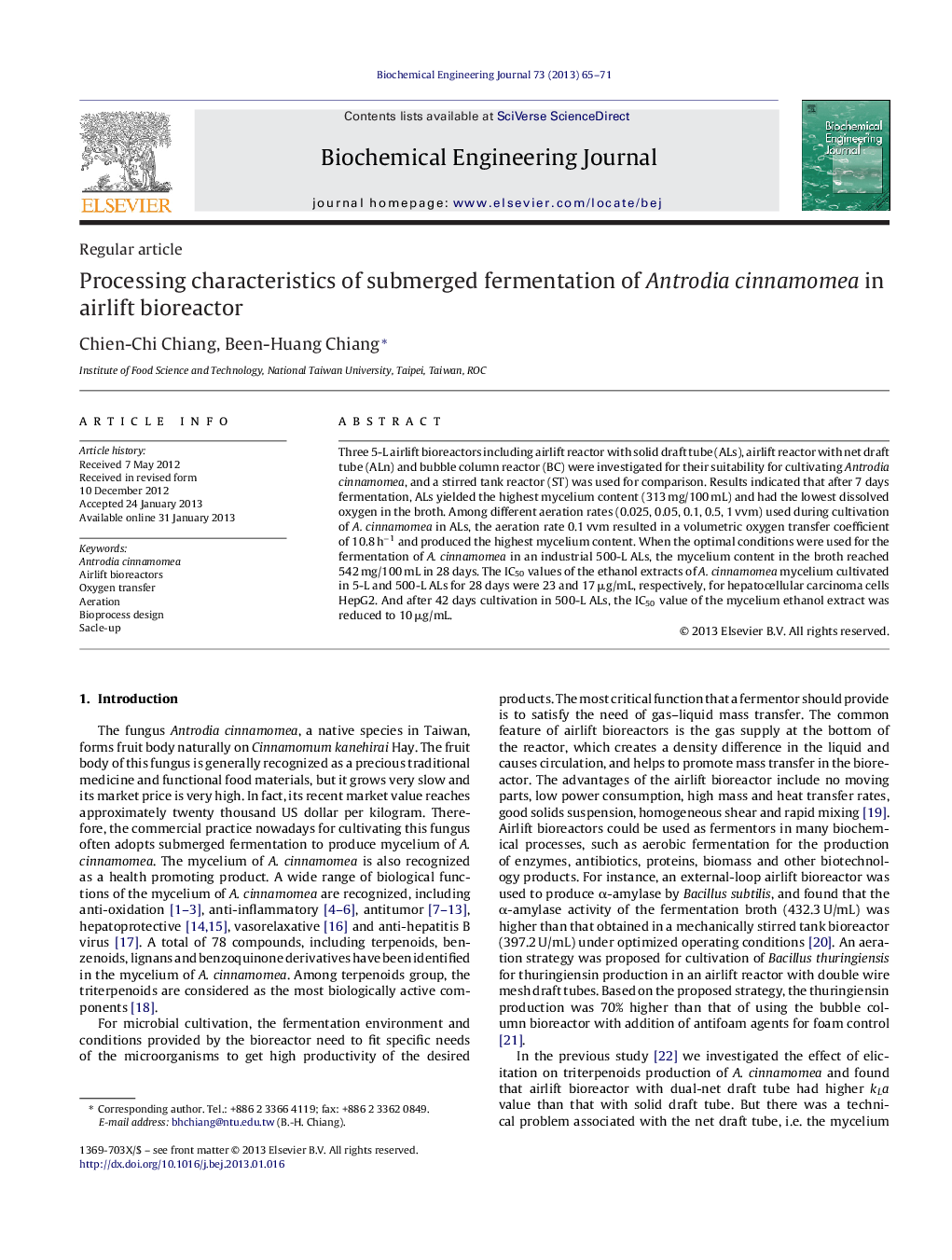 Processing characteristics of submerged fermentation of Antrodia cinnamomea in airlift bioreactor