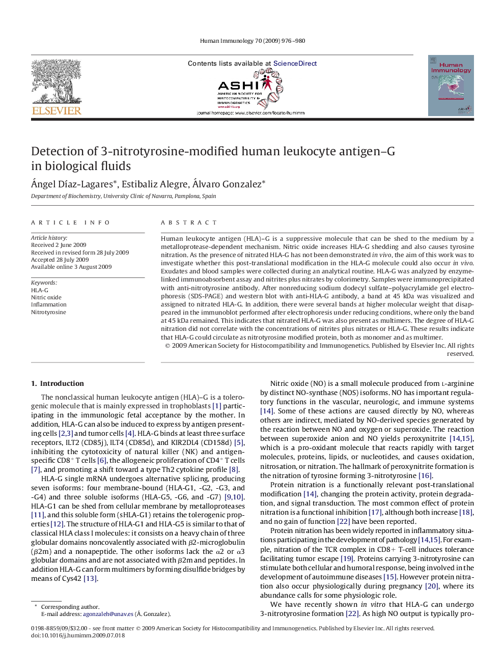 Detection of 3-nitrotyrosine-modified human leukocyte antigen–G in biological fluids